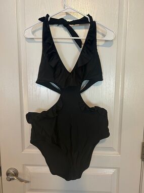 aerie Black Ruffle Cutout One-Piece Swimsuit